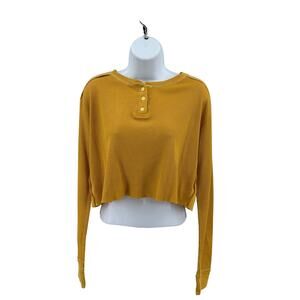 Wild Fable Waffle Knit Henley Shirt WMNS L Mustard Yellow Long Sleeve Crop Top